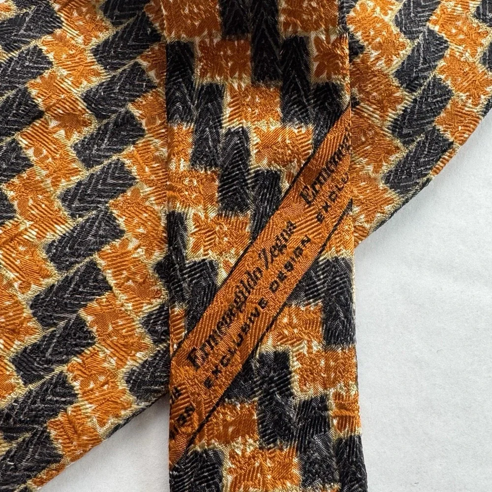 Ermenegildo Zegna Tie Men's Orange Black Houndstooth 100% Silk Made Italy